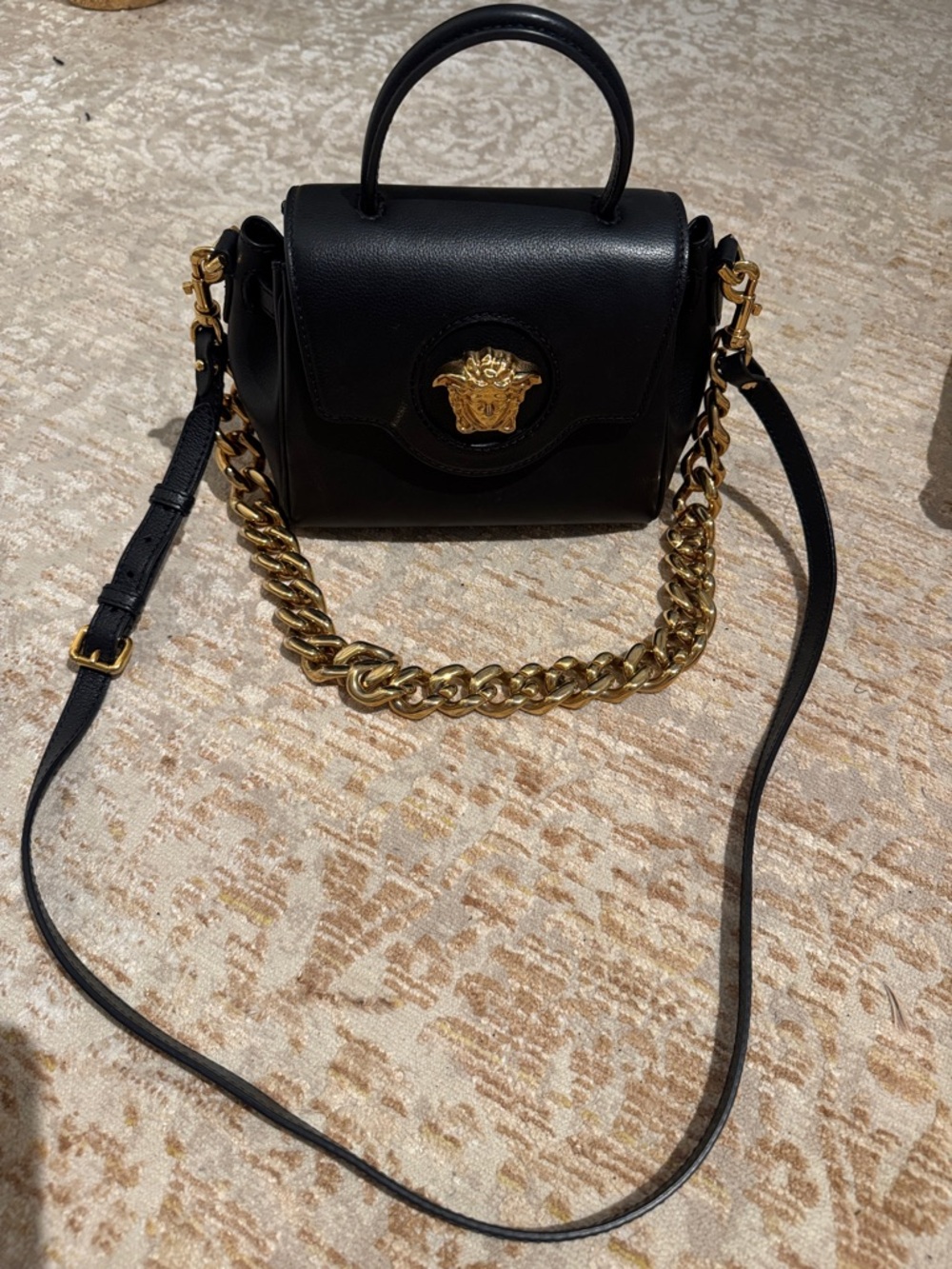Versace Black Leather Satchel with Gold Medusa Emblem & Chunky Chain